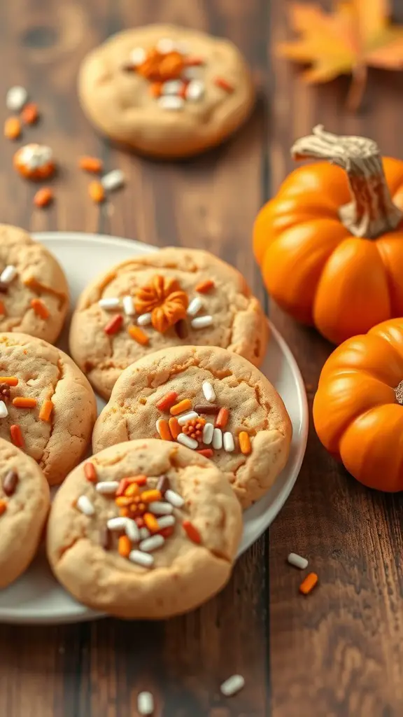 A plate of pumpkin spice no bake cookies decorated with colorful sprinkles, surrounded by small pumpkins and autumn leaves.