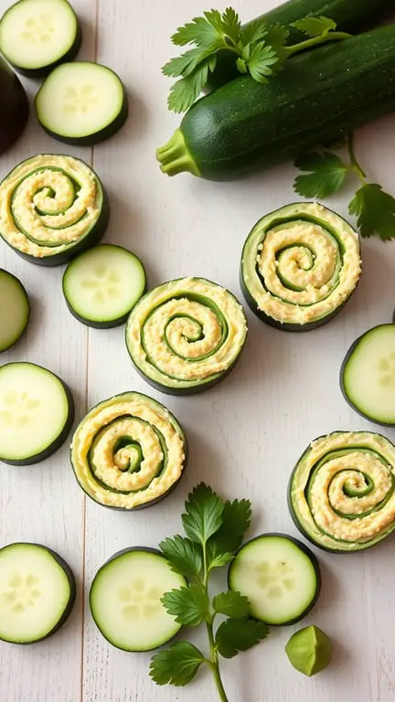 Zucchini and ricotta pinwheels with fresh herbs and cucumber slices