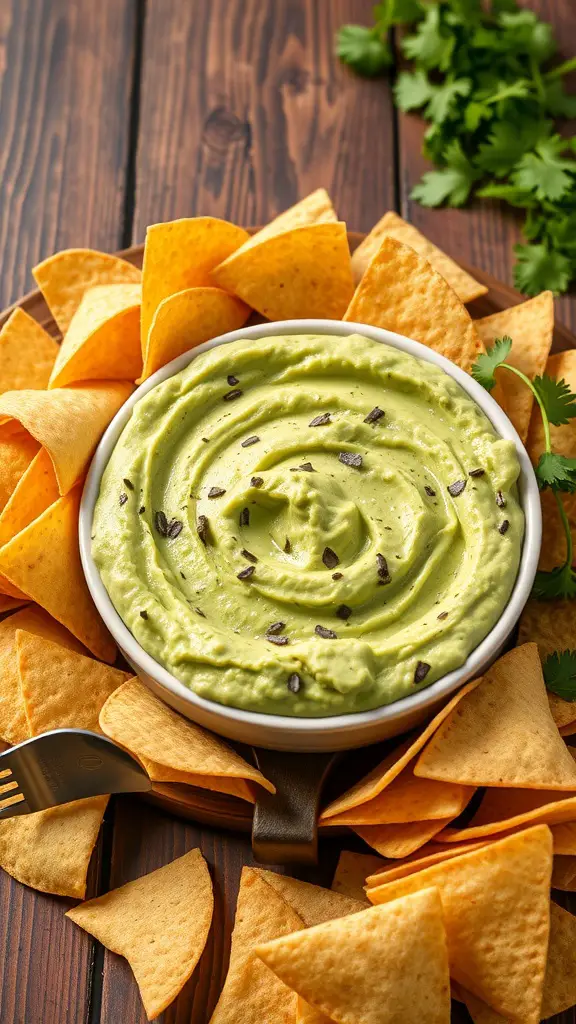 A bowl of creamy avocado cilantro dip surrounded by tortilla chips on a wooden table.