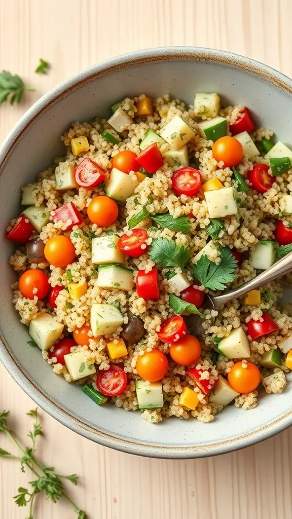 A bowl of herbed quinoa salad with colorful vegetables.
