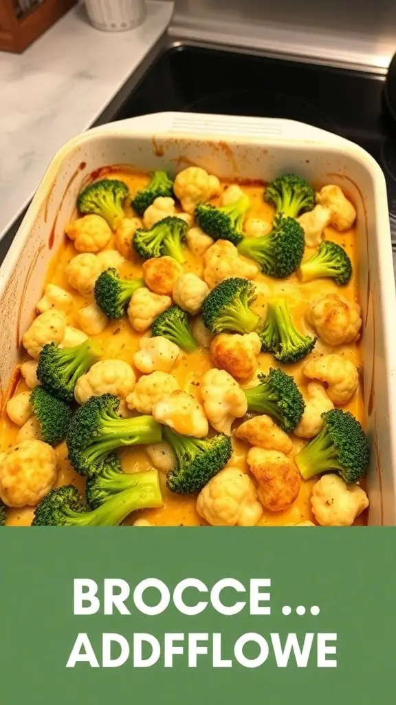 A casserole dish filled with cheesy broccoli and cauliflower bake, featuring vibrant green broccoli and creamy yellow cheese.