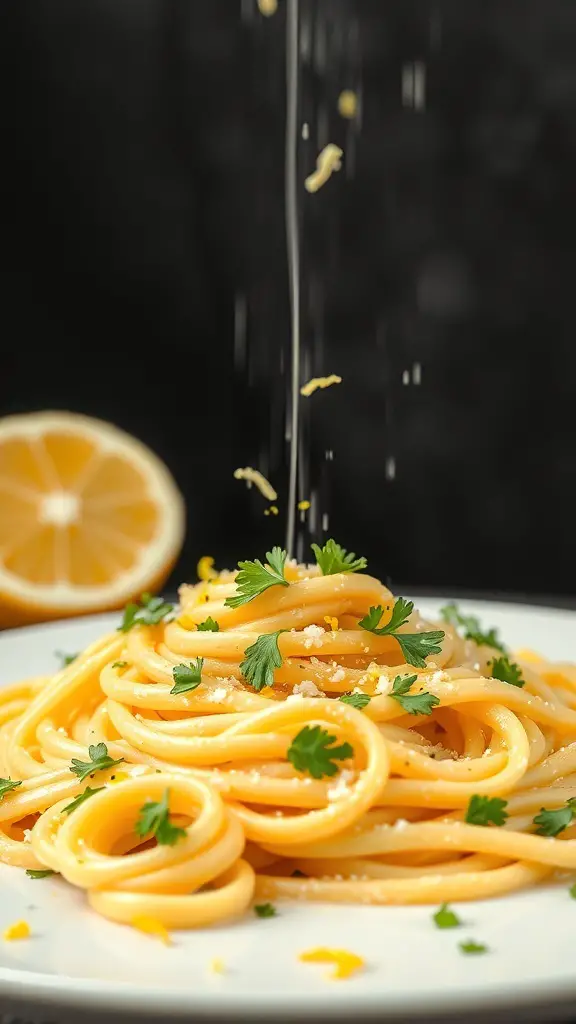 A plate of tagliatelle pasta with lemon cream sauce, garnished with herbs and lemon zest.