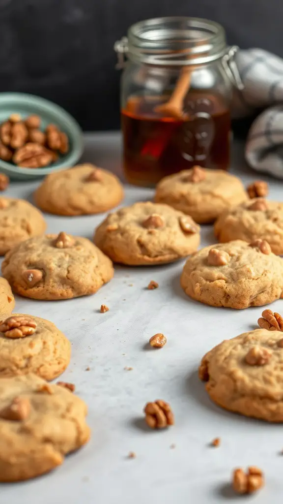 A close-up of freshly baked nutty maple walnut cookies with walnuts on top, a jar of maple syrup, and a bowl of walnuts in the background.