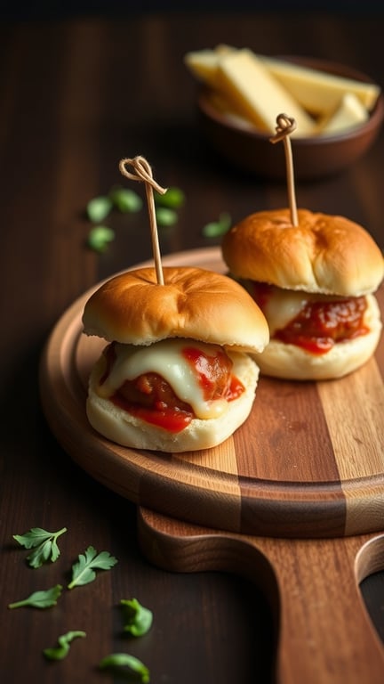 Two mini meatball sliders on a wooden platter with fresh herbs and cheese in the background.