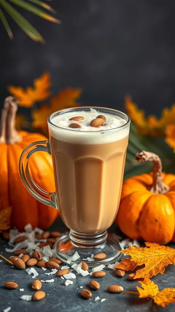 A glass of Coconut Cream Pumpkin Brew with whipped cream and almonds, surrounded by pumpkins and autumn leaves.