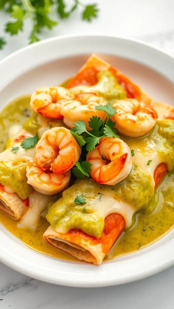 Shrimp enchiladas topped with green sauce and cilantro