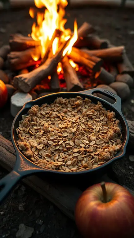 A cast iron skillet with apple crisp sits near a campfire, surrounded by logs and an apple.