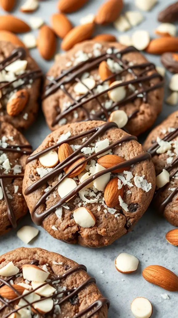 Chocolate Almond Joy No Bake Cookies with almonds and chocolate drizzle