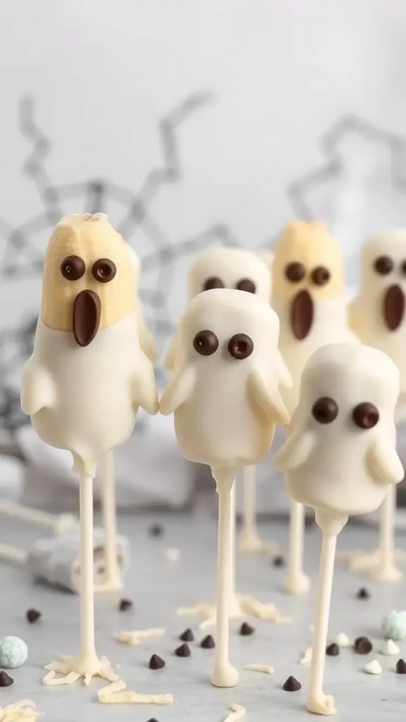 Ghostly Banana Pops made with bananas dipped in white chocolate and decorated with chocolate chips for eyes
