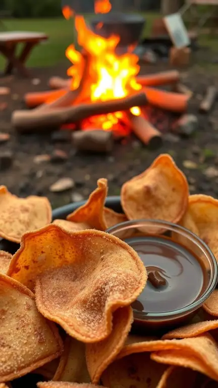 A close-up of cinnamon sugar tortilla chips served with chocolate sauce, with a campfire in the background.