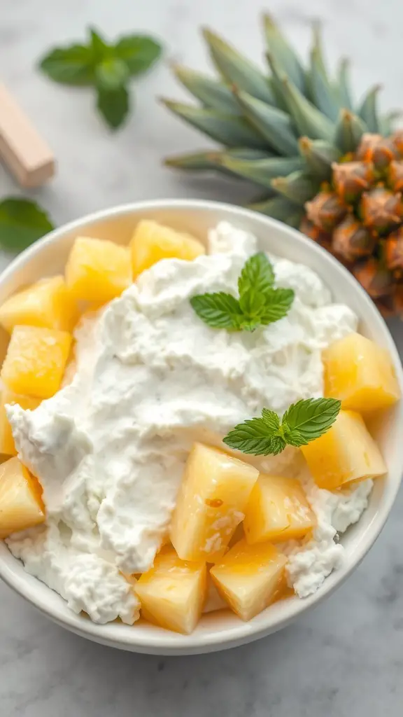 A bowl of cottage cheese topped with pineapple chunks and mint leaves, with a pineapple in the background.