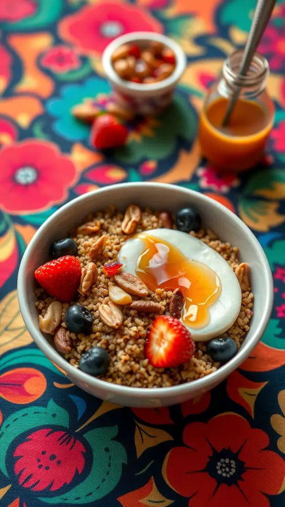 A colorful breakfast quinoa bowl with an egg, strawberries, blueberries, and nuts on a floral background.