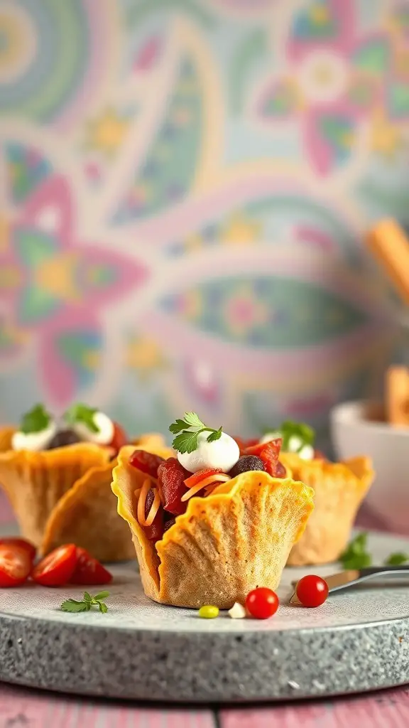 Mini taco charcuterie cups filled with toppings like tomatoes, cheese, and sour cream.