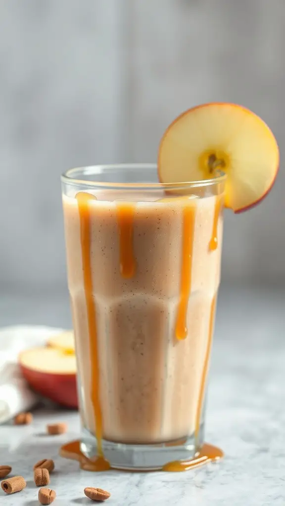 A creamy Caramel Apple Smoothie in a glass, drizzled with caramel sauce and garnished with an apple slice.