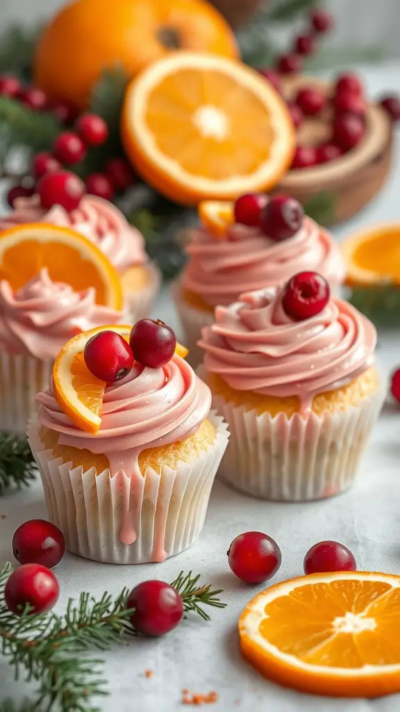 Cranberry orange cupcakes with pink glaze, topped with cranberries and orange slices, surrounded by fresh oranges and cranberries.