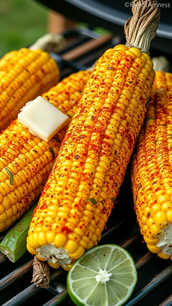 Grilled corn on the cob with butter and spices, served with lime wedges.