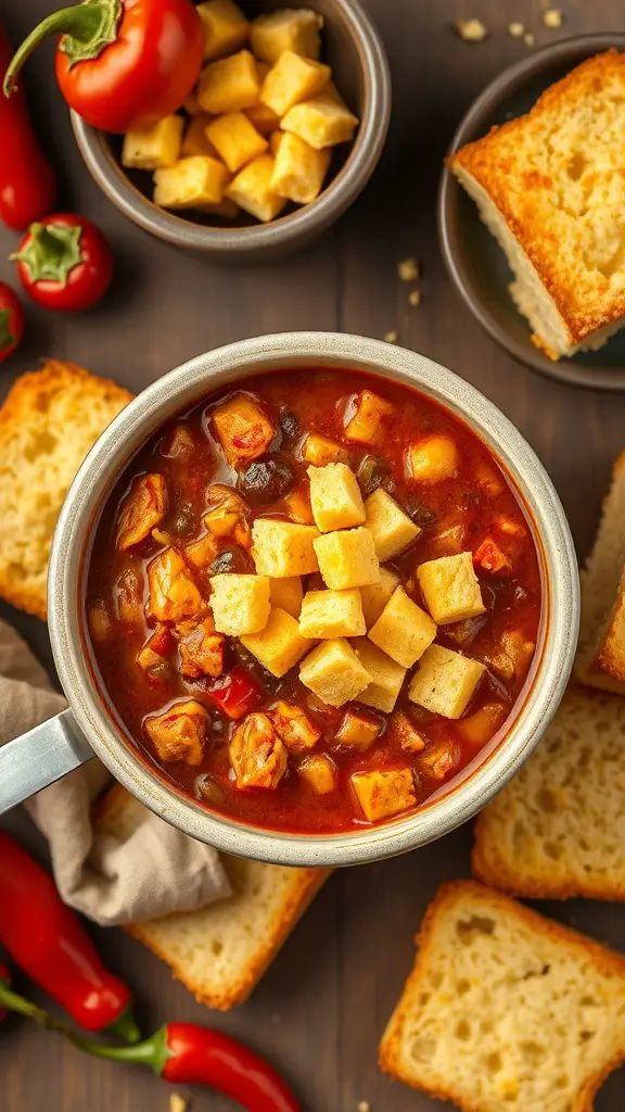 A bowl of chili and cornbread soup topped with cornbread cubes, surrounded by slices of cornbread and fresh peppers.