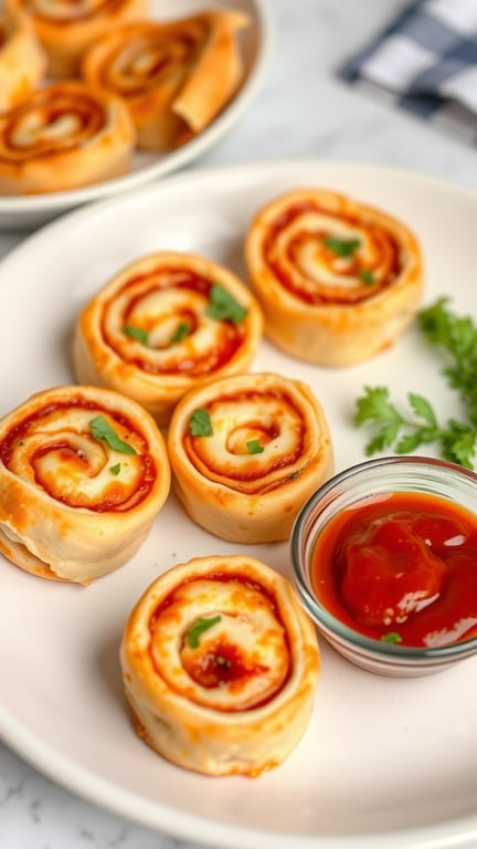 Cheesy Pepperoni Pizza Pinwheels served with marinara sauce