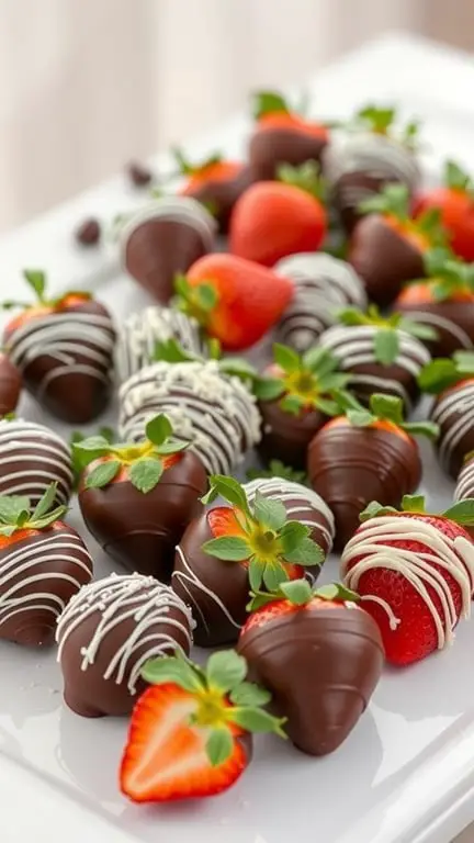 A plate of chocolate-covered strawberries, some decorated with white chocolate drizzle.