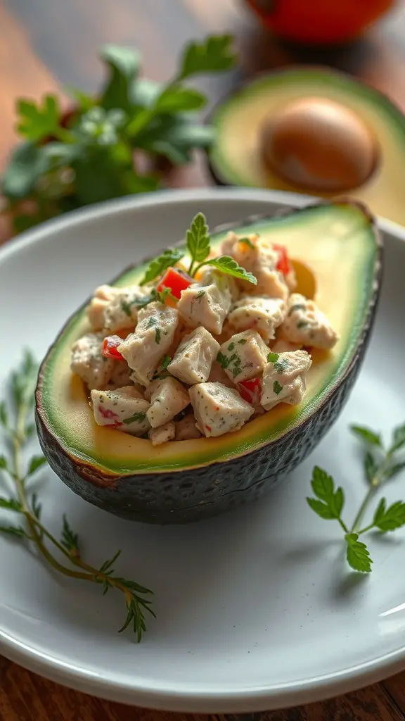 A plate with a halved avocado filled with tuna salad, garnished with herbs.