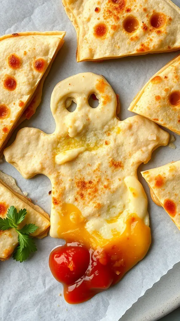 Cheesy ghost-shaped quesadillas with melted cheese and dipping sauce