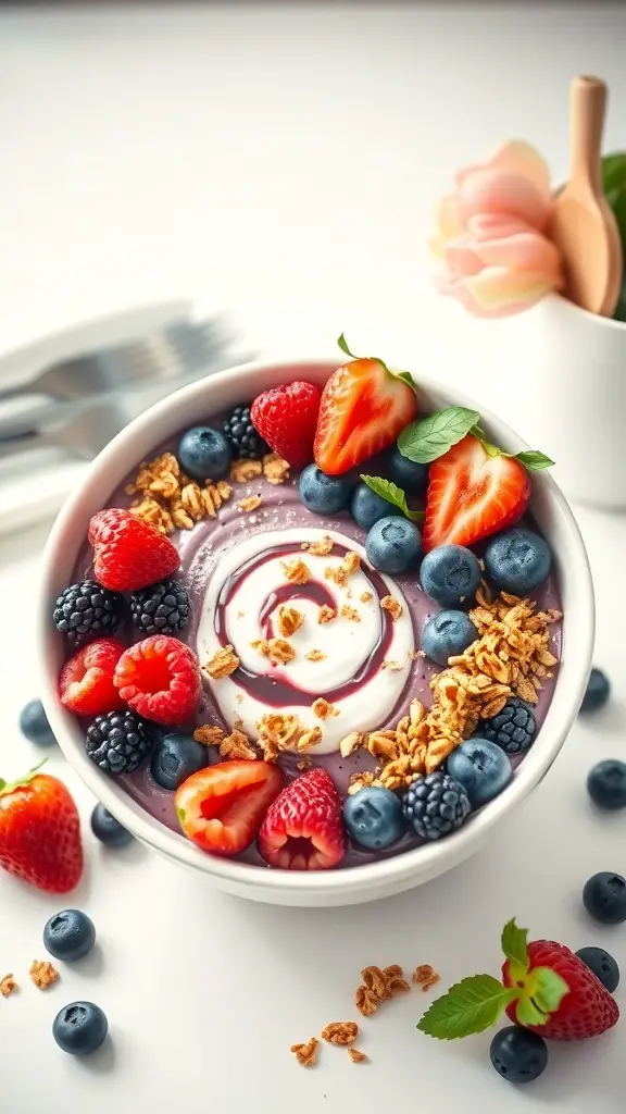 A colorful Berry Acai Bowl with Greek yogurt, topped with strawberries, blueberries, blackberries, raspberries, and granola.