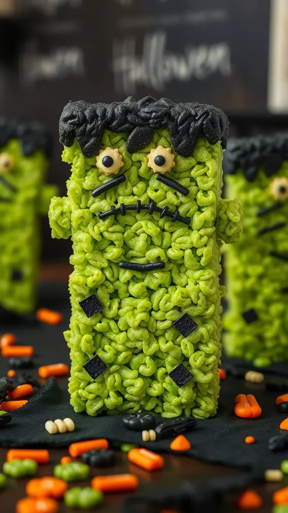 Green Rice Krispie Treat shaped like Frankenstein with candy decorations
