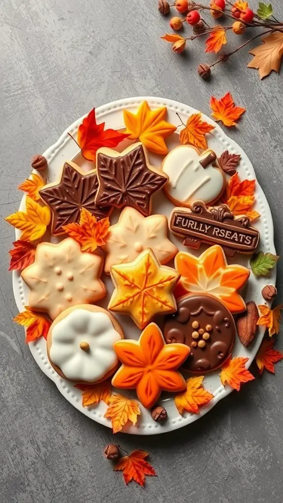 A harvest-themed cookie platter featuring colorful cookies shaped like leaves and pumpkins, surrounded by autumn leaves.