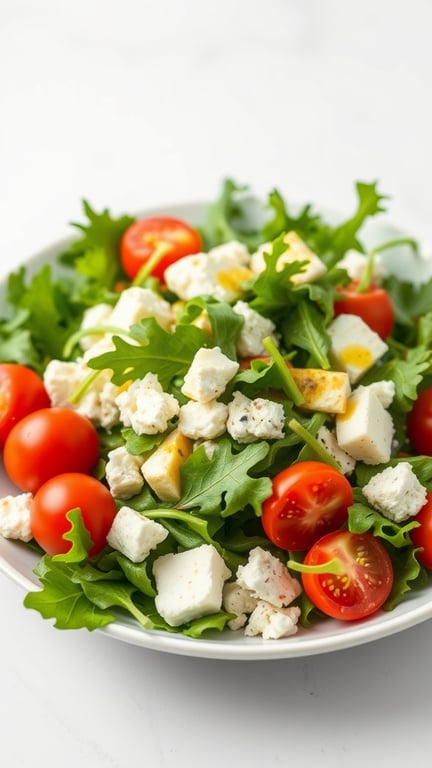 A fresh salad with arugula, cherry tomatoes, and Boursin cheese.