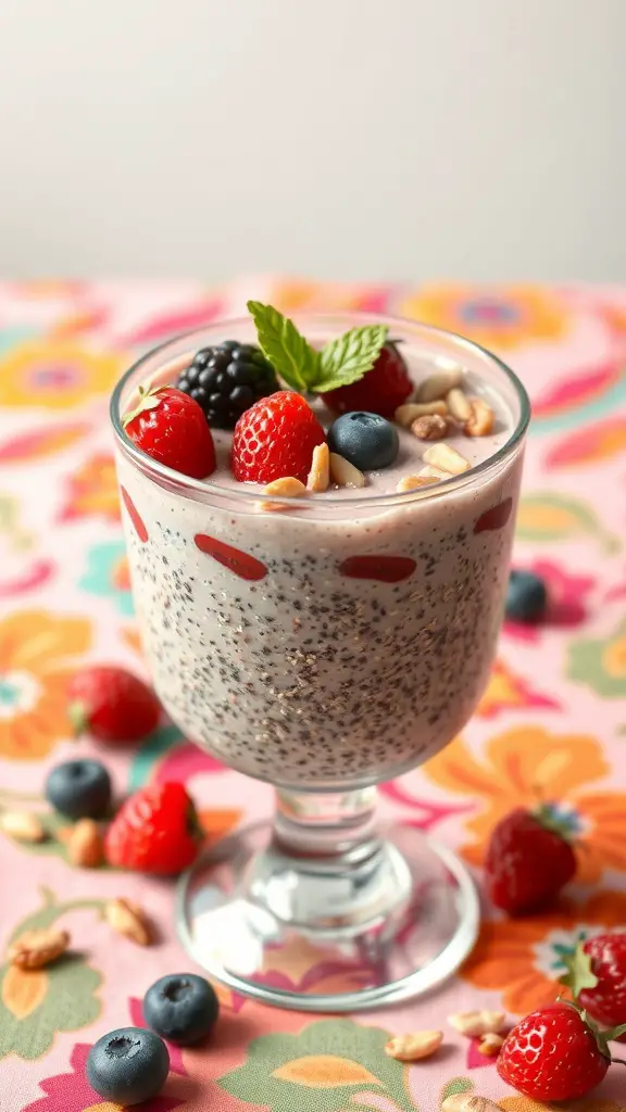 Chia seed pudding topped with berries and nuts in a glass