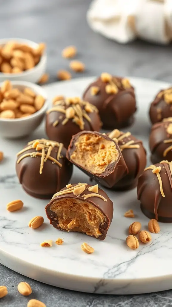 A plate of Peanut Butter Chocolate Fat Bombs with some peanuts scattered around.
