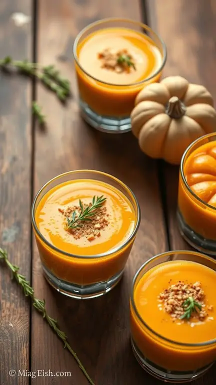 Glasses of pumpkin soup shooters with spices and herbs, alongside small pumpkins on a wooden table.