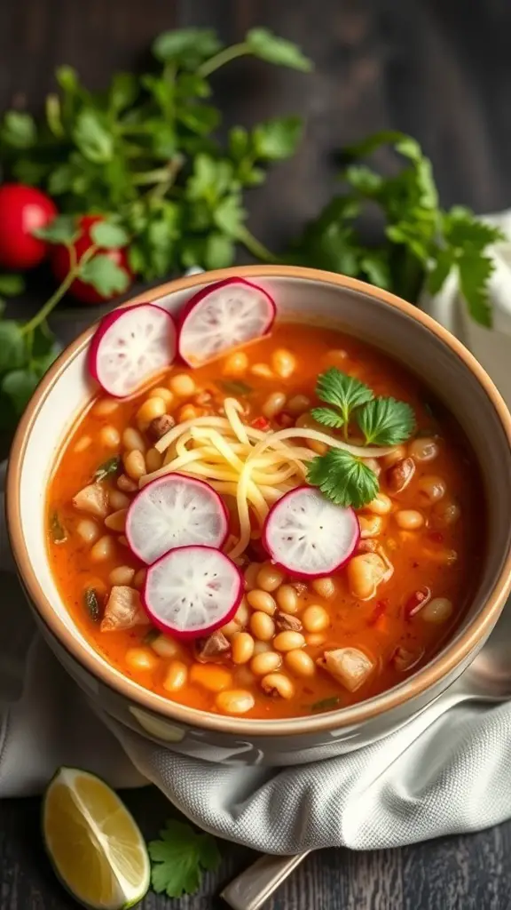 A bowl of vegetarian pozole with hominy, garnished with radishes, cilantro, and cheese, surrounded by fresh ingredients.