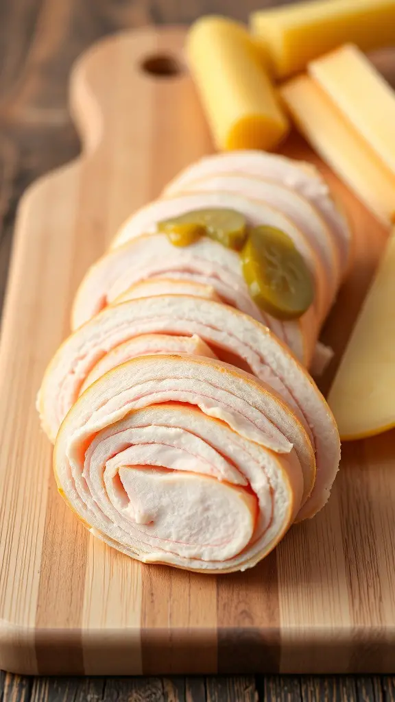 Turkey and cheese roll-ups on a wooden cutting board with pickles