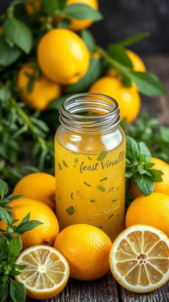 A jar of lemon vinaigrette surrounded by fresh lemons and herbs