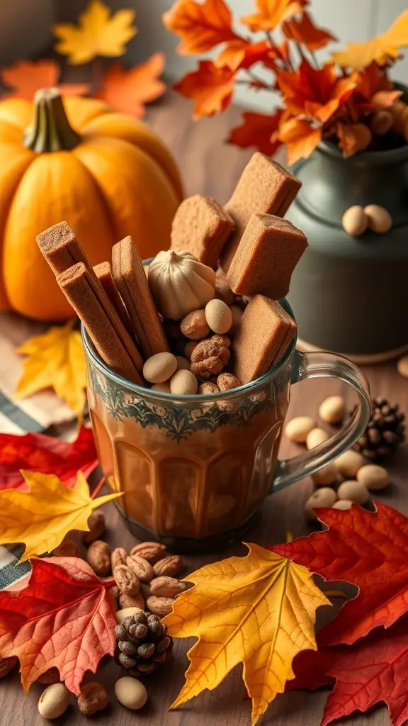 A cozy charcuterie cup filled with fall-themed snacks, surrounded by autumn leaves and a pumpkin.