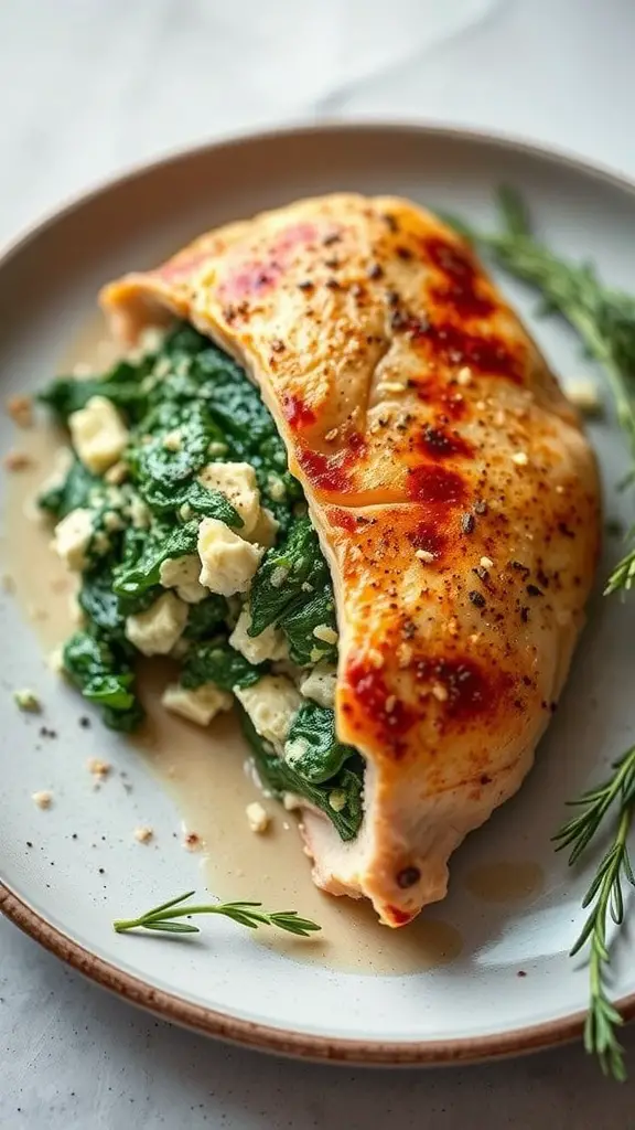 A plate of Spinach and Feta Stuffed Chicken with a side of sautéed spinach and herbs.