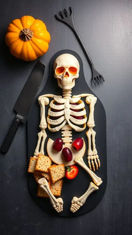 A skeleton cheese board made with cheese, crackers, grapes, and a small pumpkin, arranged to resemble a skeleton.