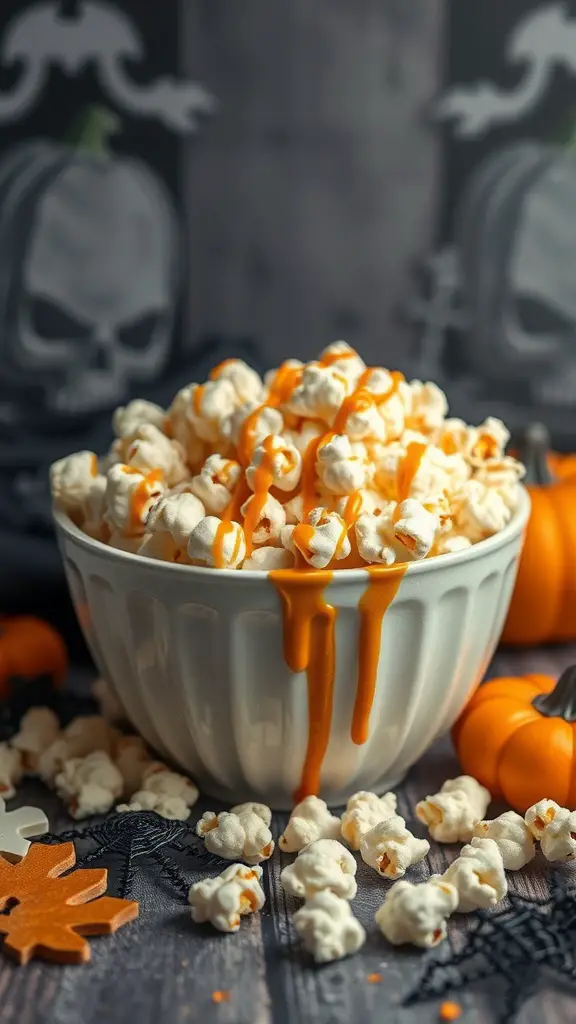 A bowl of popcorn drizzled with orange caramel sauce, surrounded by small pumpkins and Halloween decorations.