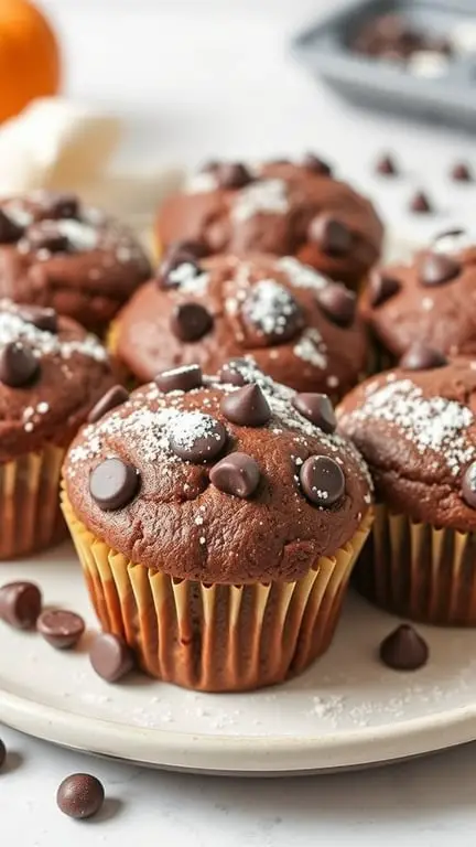 A plate of chocolate pumpkin muffins topped with chocolate chips and powdered sugar.