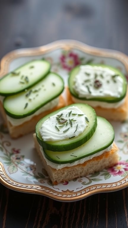 A plate of cucumber sandwiches with cream cheese, garnished with herbs.
