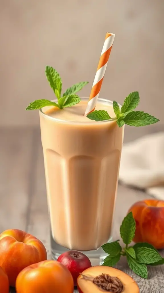 A refreshing apricot smoothie with yogurt in a glass, garnished with mint leaves and surrounded by fresh apricots.