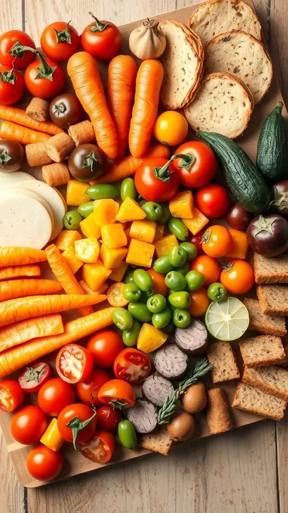 A colorful array of festive vegetables arranged on a charcuterie board, featuring tomatoes, carrots, zucchini, and more.