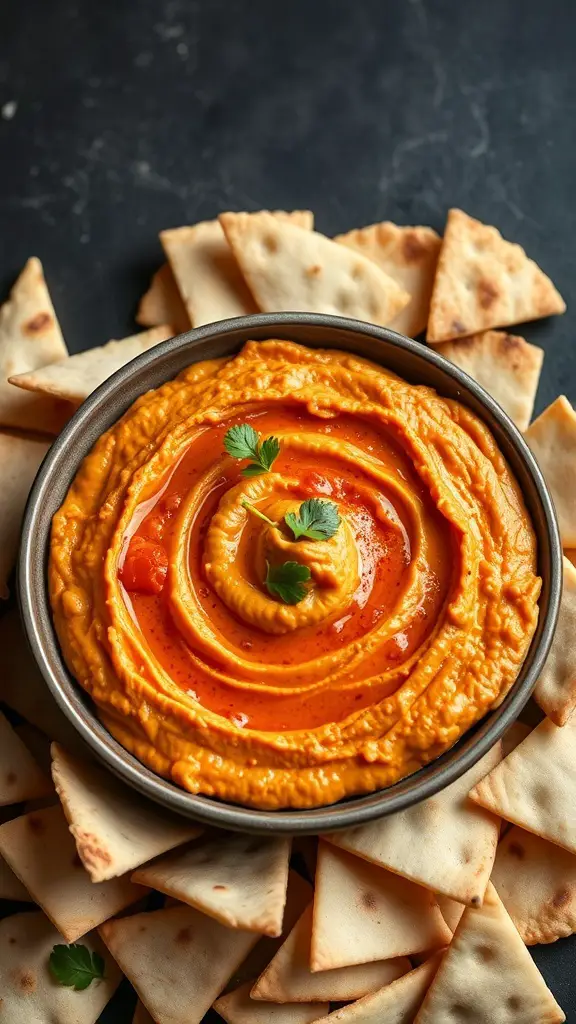 A bowl of roasted red pepper hummus garnished with herbs, surrounded by crispy pita chips.