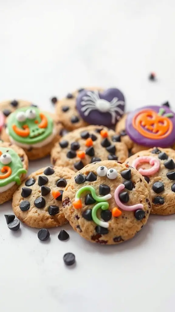 A variety of decorated chocolate chip cookies for Halloween, featuring colorful icing and fun toppings.