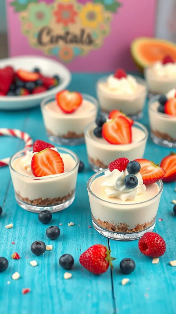 Colorful no bake cheesecake cups topped with strawberries and blueberries on a blue table.