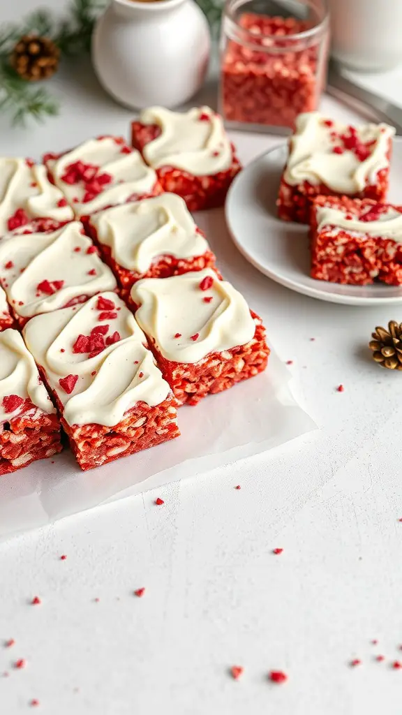 Red velvet rice krispie treats topped with white frosting and red sprinkles.