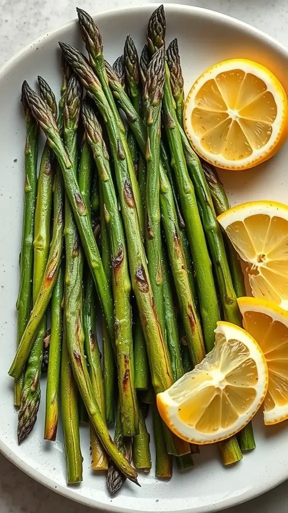 A plate of grilled asparagus with lemon slices