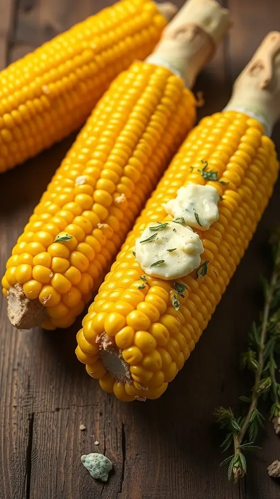 Three ears of corn on the cob topped with herb butter on a wooden surface.