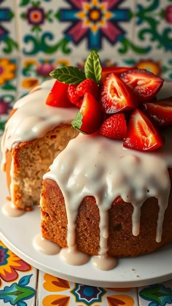 A guava cake topped with strawberries and a creamy glaze, set against a colorful background.